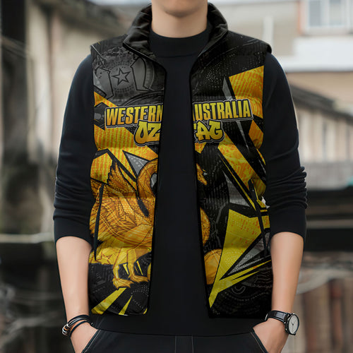 Personalised Western Australia Oztag Swan Sleeveless Puffer Jacket Black Gold Geometric Swan Aboriginal
