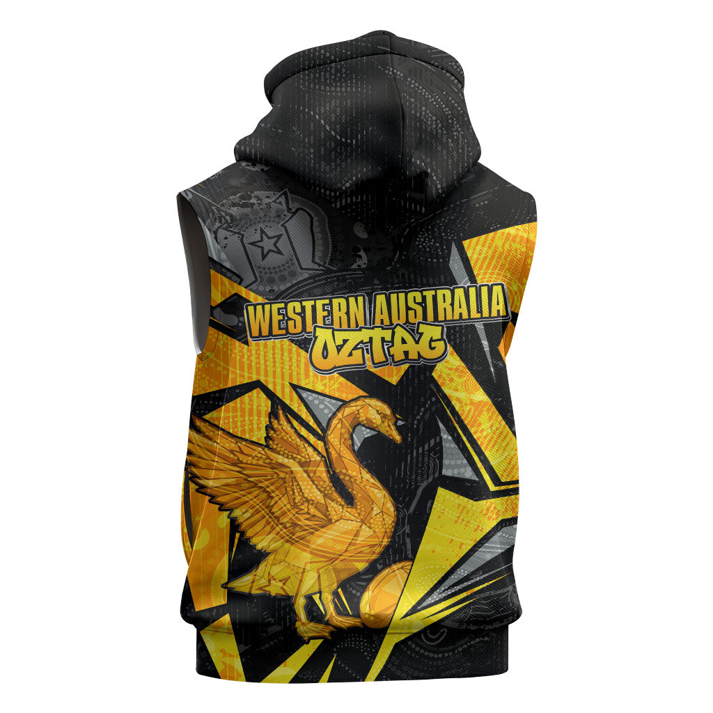 Personalised Western Australia Oztag Swan Sleeveless Zip Hoodie Black Gold Geometric Swan Aboriginal