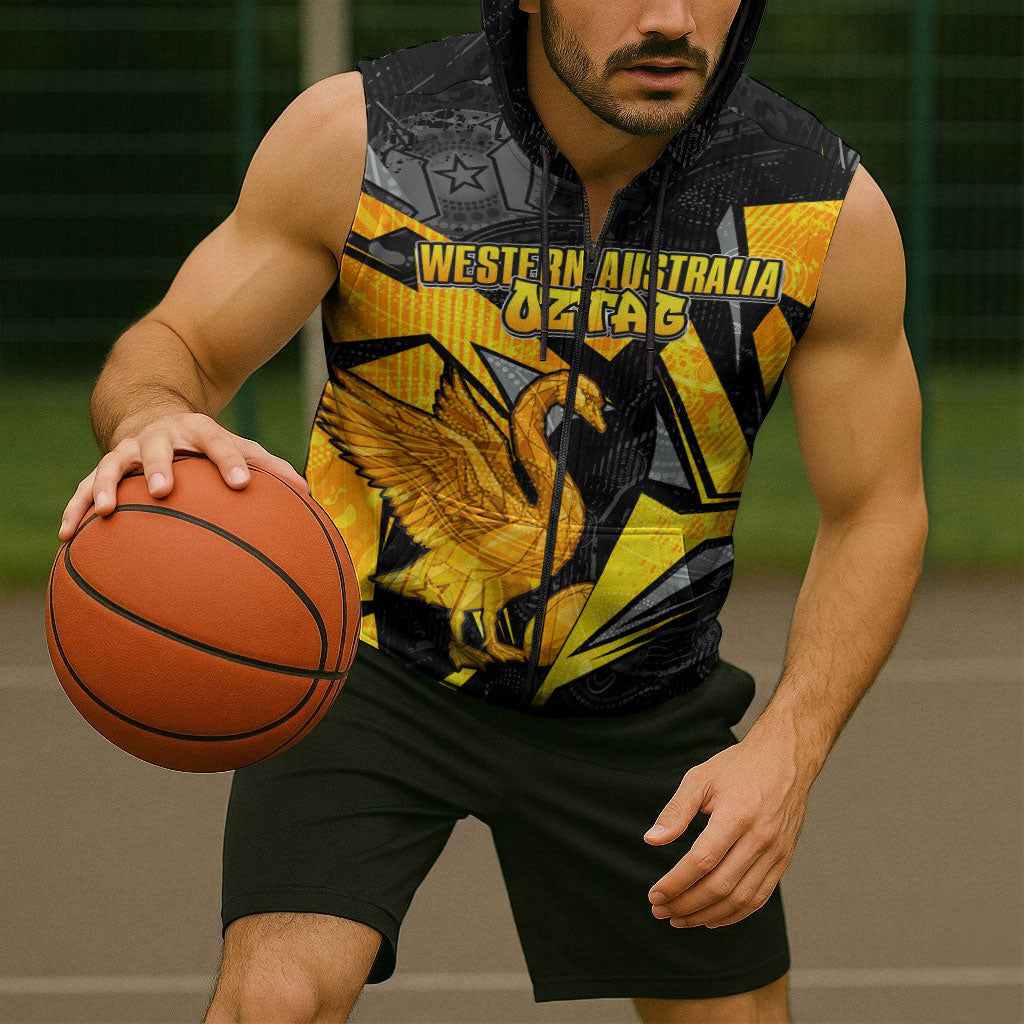 Personalised Western Australia Oztag Swan Sleeveless Zip Hoodie Black Gold Geometric Swan Aboriginal