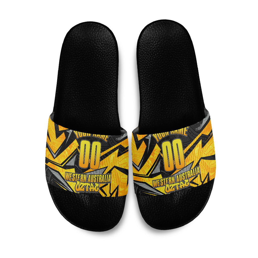 Personalised Western Australia Oztag Swan Slide Sandals Black Gold Geometric Swan Aboriginal