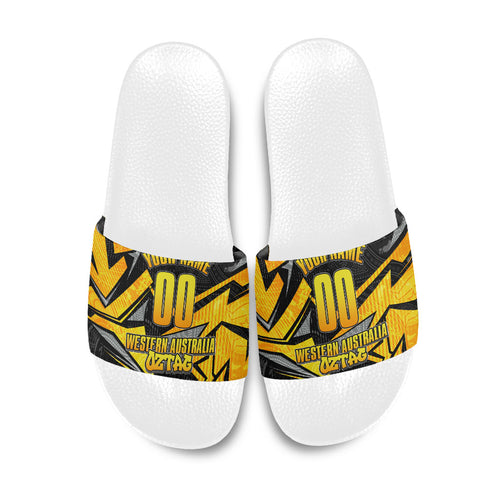 Personalised Western Australia Oztag Swan Slide Sandals Black Gold Geometric Swan Aboriginal