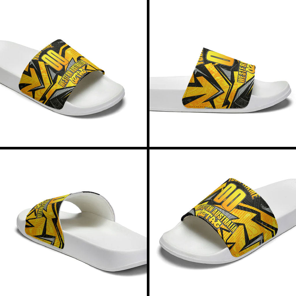 Personalised Western Australia Oztag Swan Slide Sandals Black Gold Geometric Swan Aboriginal