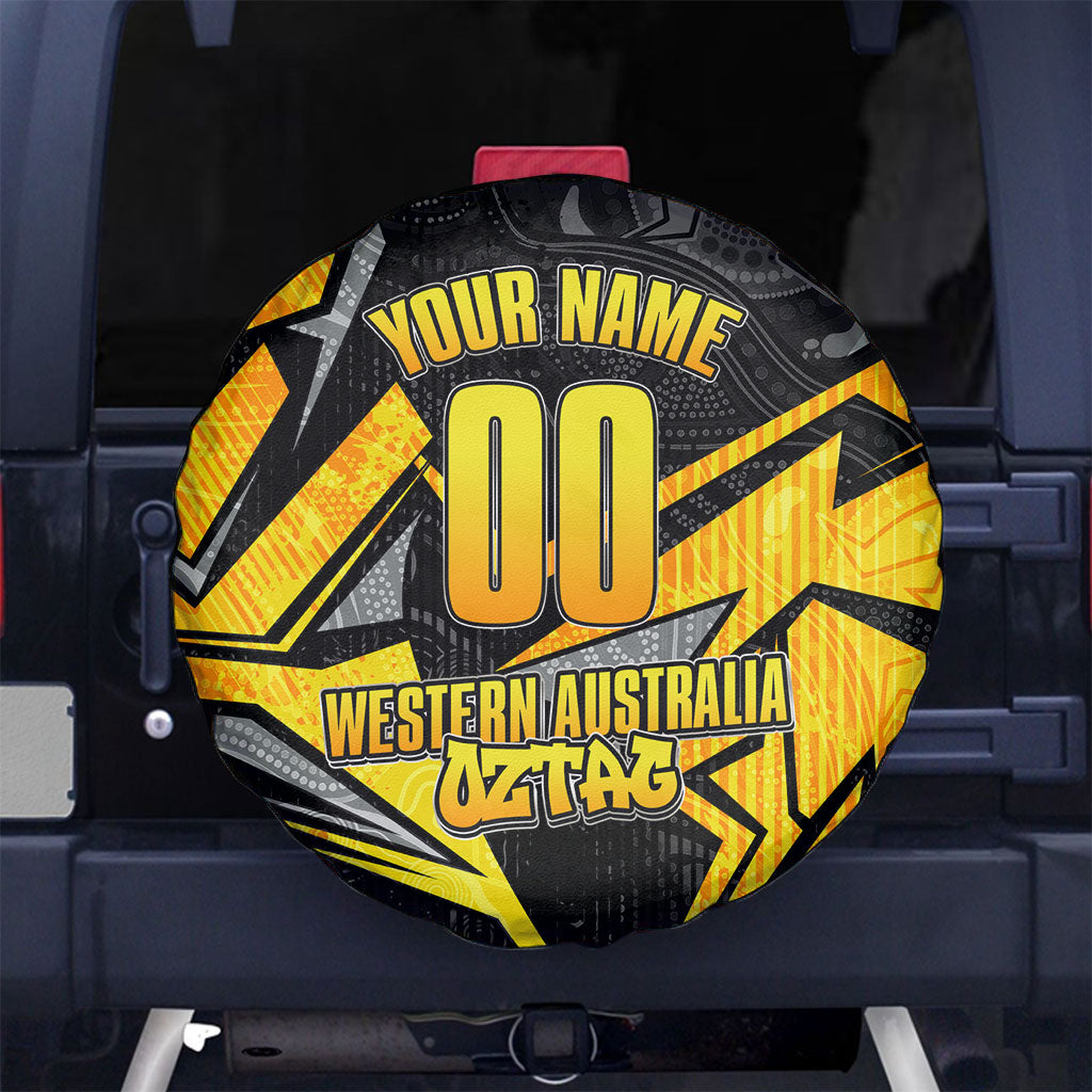 Personalised Western Australia Oztag Swan Spare Tire Cover Black Gold Geometric Swan Aboriginal