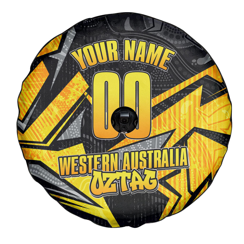 Personalised Western Australia Oztag Swan Spare Tire Cover Black Gold Geometric Swan Aboriginal