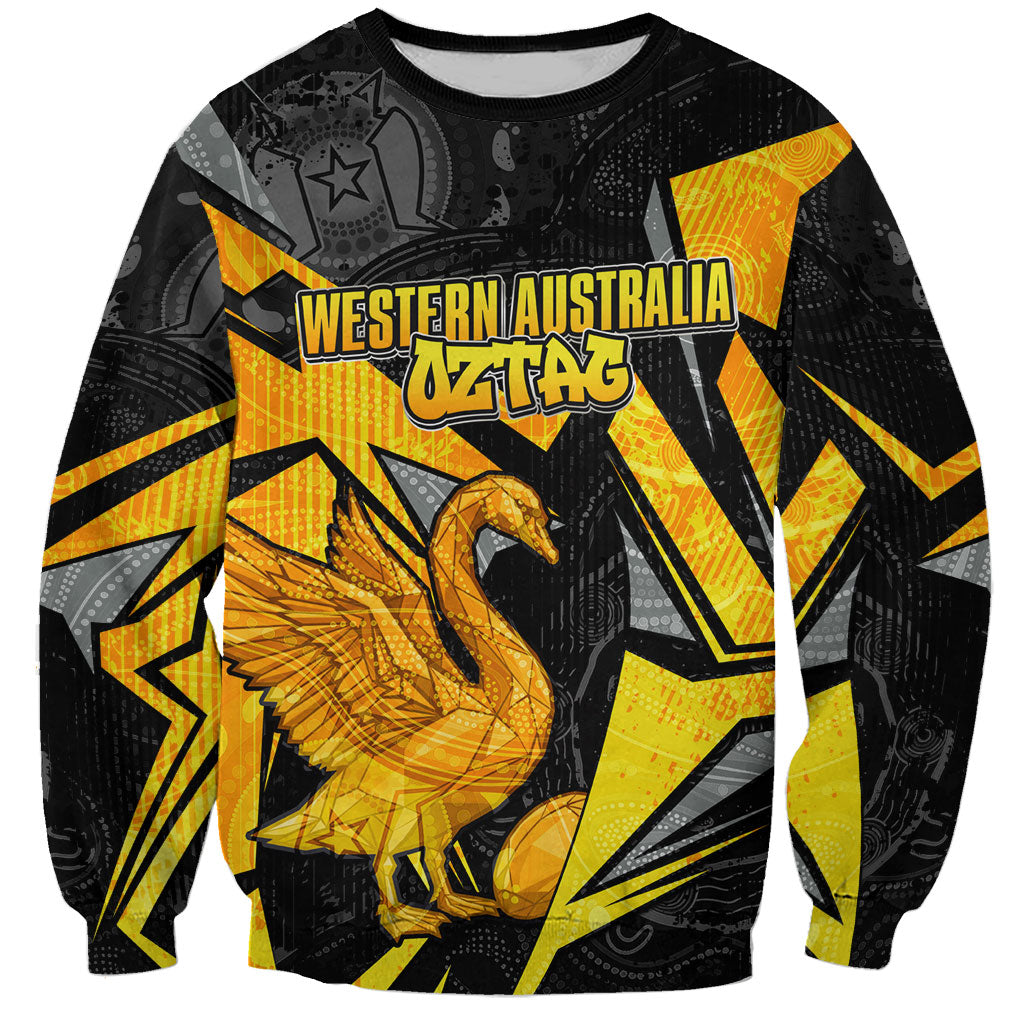Personalised Western Australia Oztag Swan Sweatshirt Black Gold Geometric Swan Aboriginal