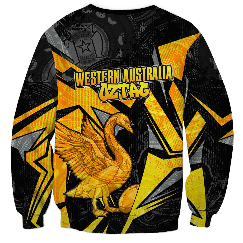 Personalised Western Australia Oztag Swan Sweatshirt Black Gold Geometric Swan Aboriginal