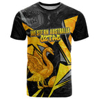 Personalised Western Australia Oztag Swan T Shirt Black Gold Geometric Swan Aboriginal