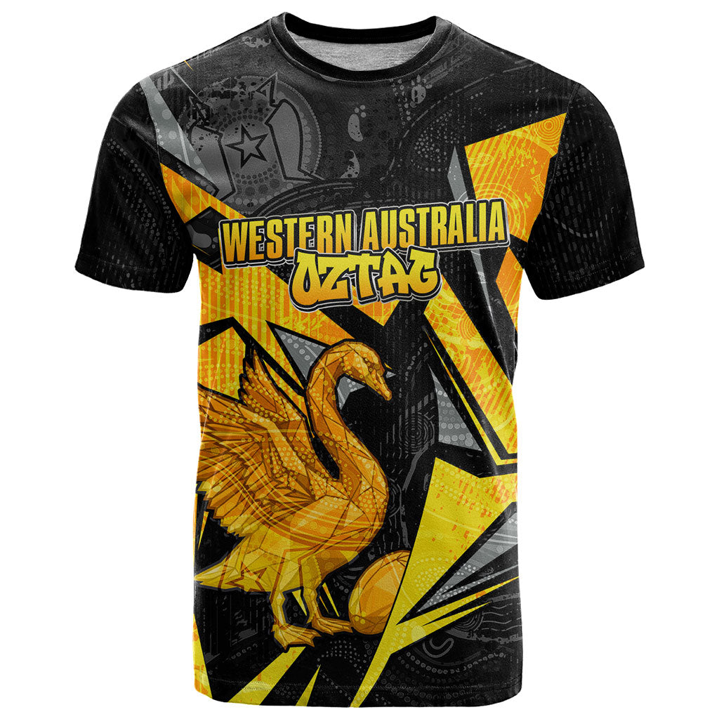 Personalised Western Australia Oztag Swan T Shirt Black Gold Geometric Swan Aboriginal