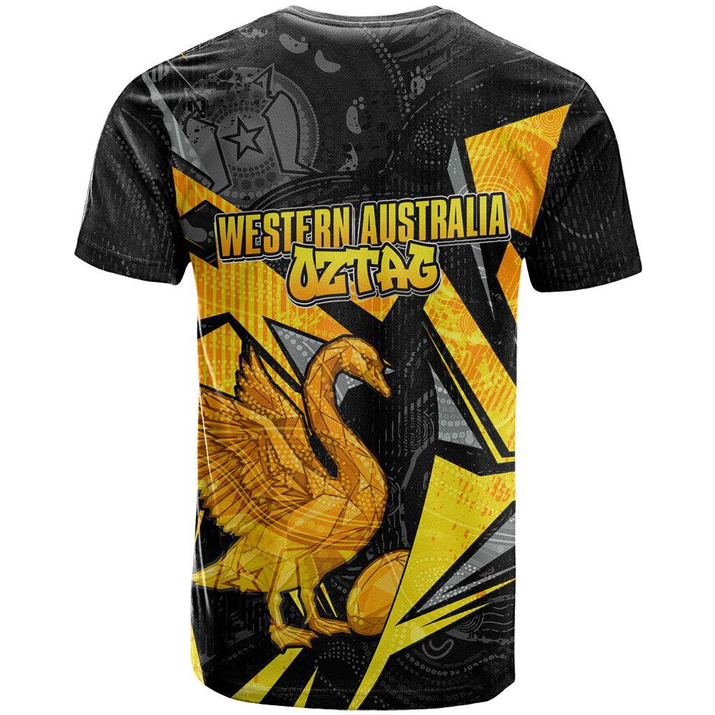 Personalised Western Australia Oztag Swan T Shirt Black Gold Geometric Swan Aboriginal