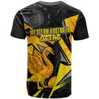 Personalised Western Australia Oztag Swan T Shirt Black Gold Geometric Swan Aboriginal