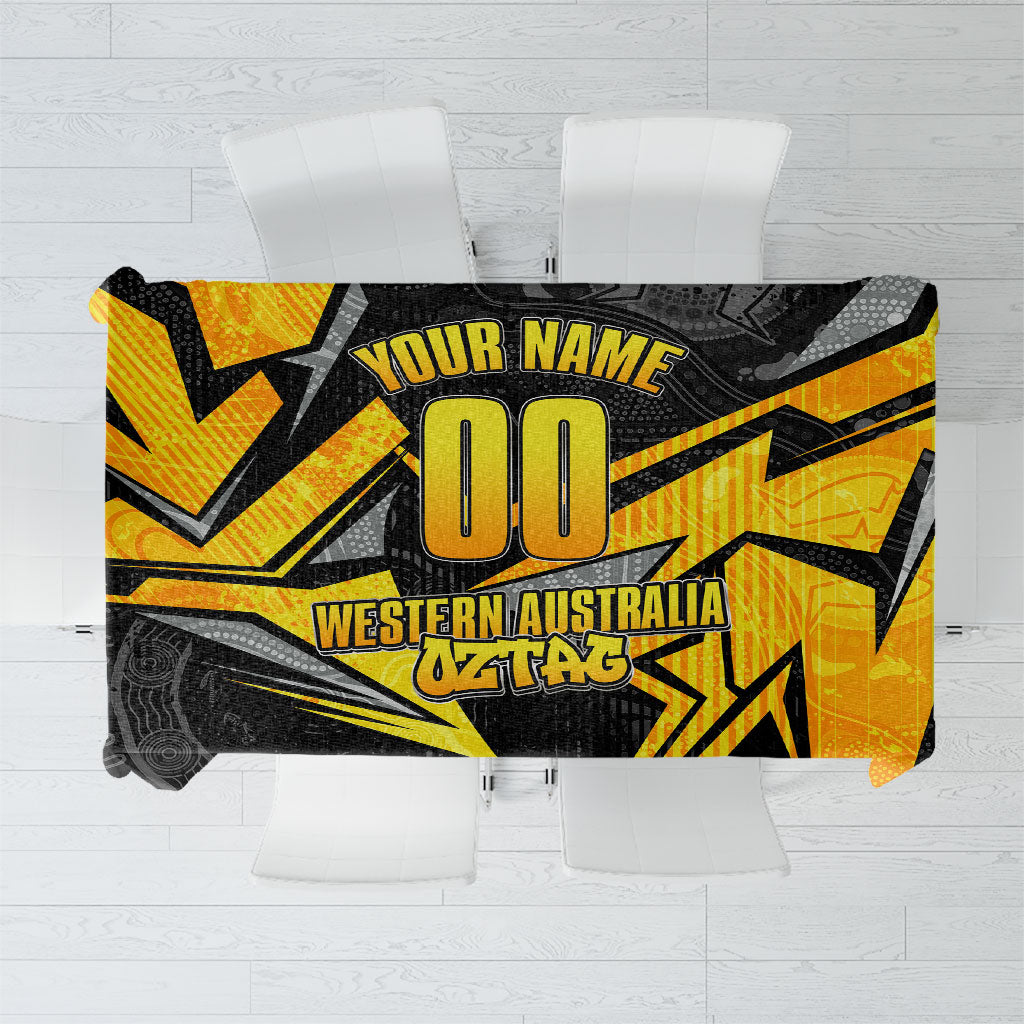 Personalised Western Australia Oztag Swan Tablecloth Black Gold Geometric Swan Aboriginal