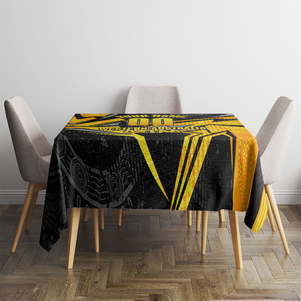 Personalised Western Australia Oztag Swan Tablecloth Black Gold Geometric Swan Aboriginal
