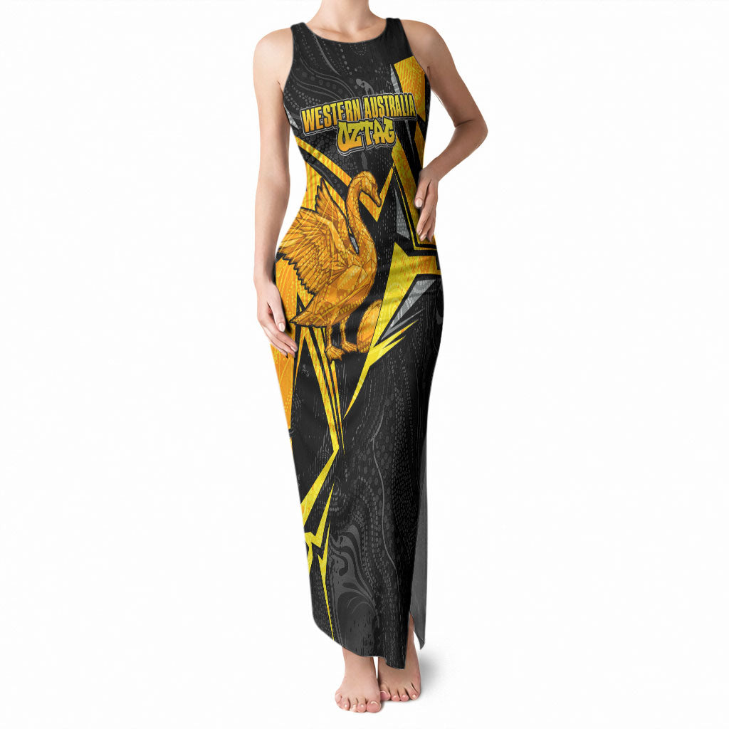 Personalised Western Australia Oztag Swan Tank Maxi Dress Black Gold Geometric Swan Aboriginal