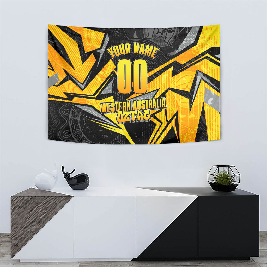 Personalised Western Australia Oztag Swan Tapestry Black Gold Geometric Swan Aboriginal
