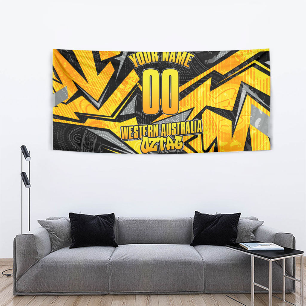 Personalised Western Australia Oztag Swan Tapestry Black Gold Geometric Swan Aboriginal