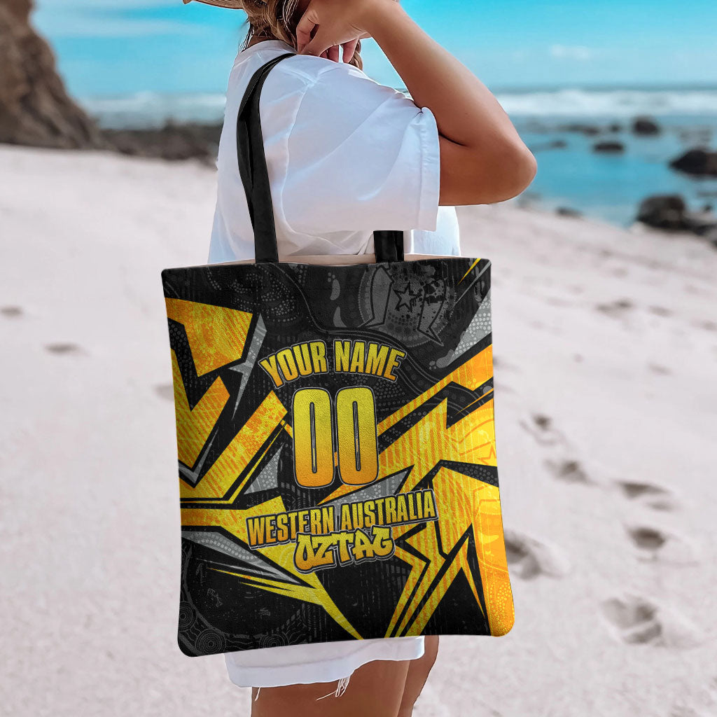 Personalised Western Australia Oztag Swan Tote Bag Black Gold Geometric Swan Aboriginal
