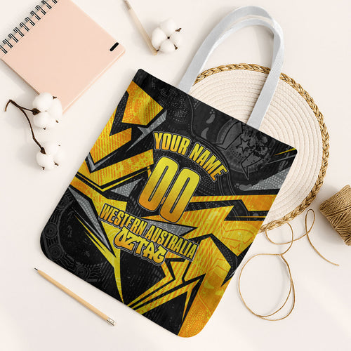 Personalised Western Australia Oztag Swan Tote Bag Black Gold Geometric Swan Aboriginal