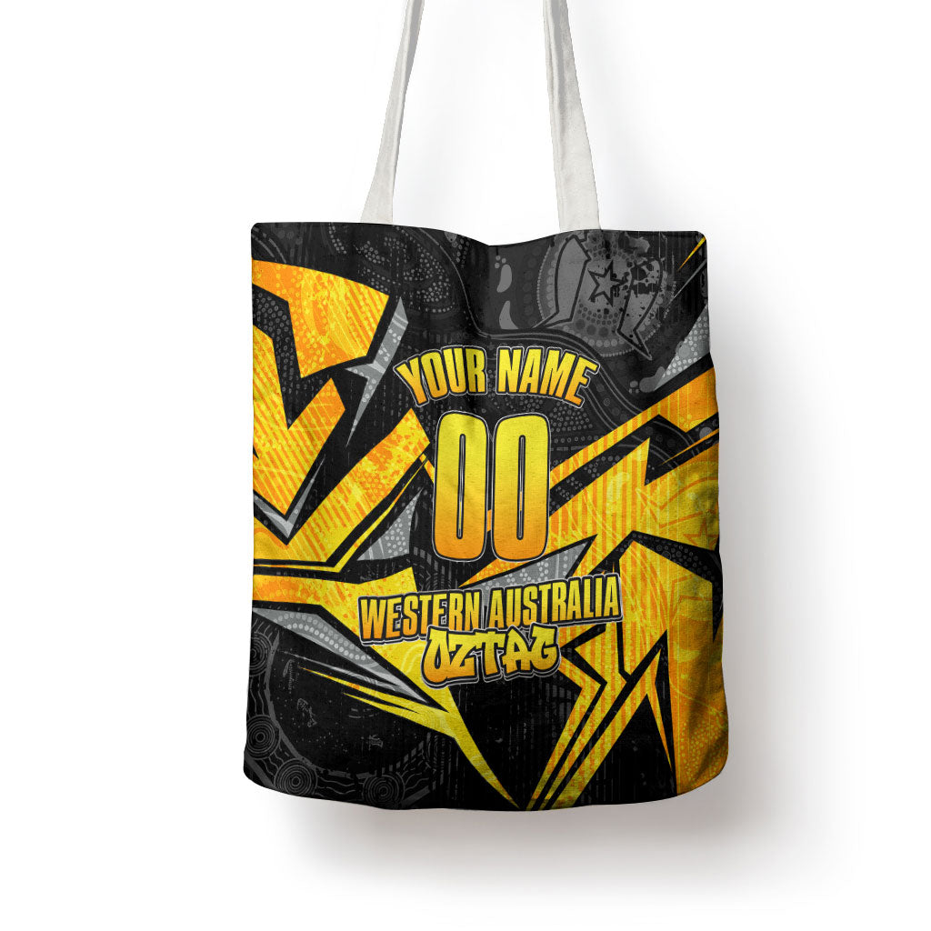 Personalised Western Australia Oztag Swan Tote Bag Black Gold Geometric Swan Aboriginal