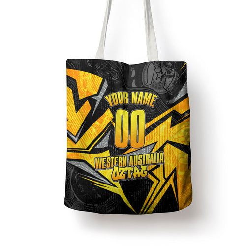Personalised Western Australia Oztag Swan Tote Bag Black Gold Geometric Swan Aboriginal