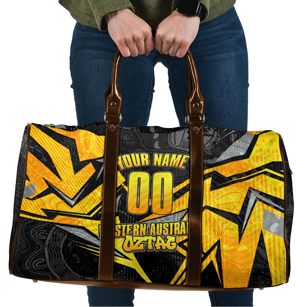 Personalised Western Australia Oztag Swan Travel Bag Black Gold Geometric Swan Aboriginal