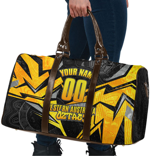 Personalised Western Australia Oztag Swan Travel Bag Black Gold Geometric Swan Aboriginal
