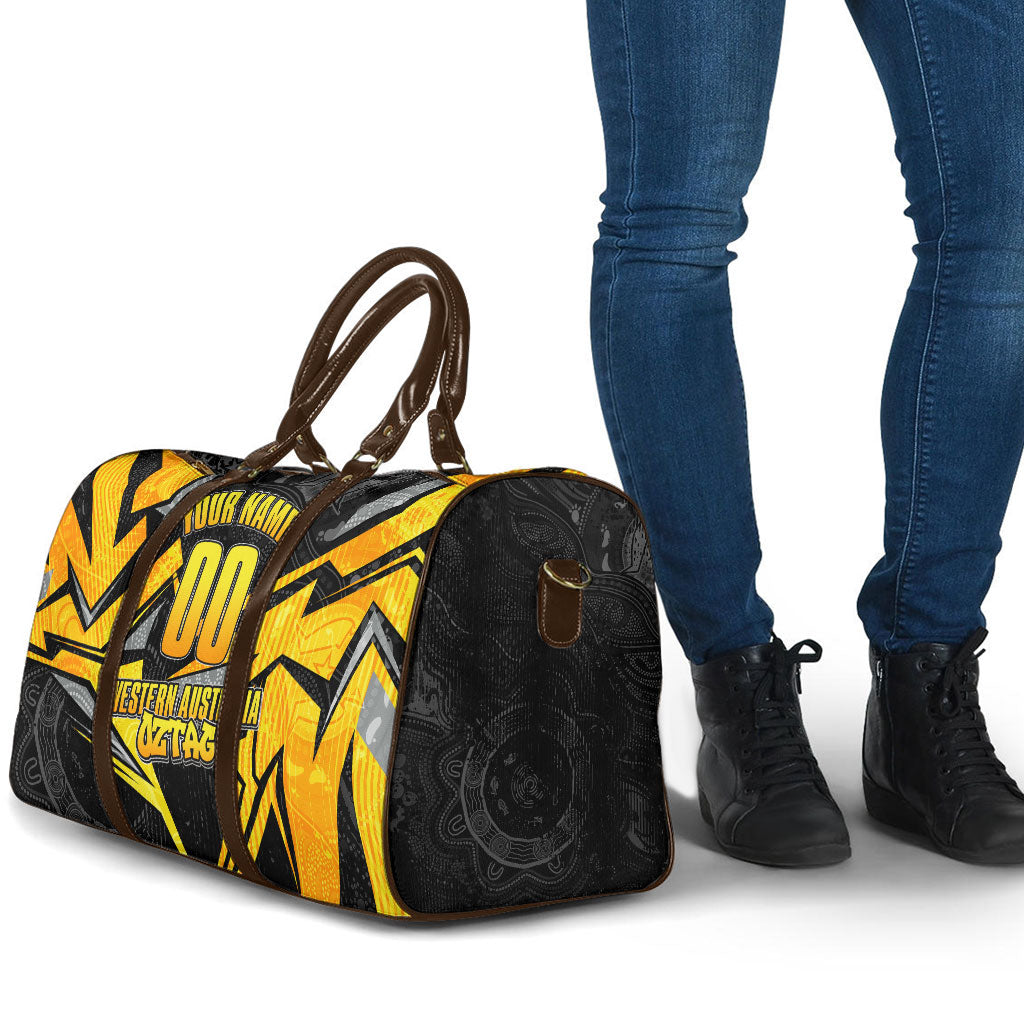 Personalised Western Australia Oztag Swan Travel Bag Black Gold Geometric Swan Aboriginal