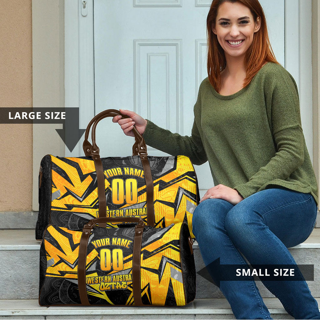 Personalised Western Australia Oztag Swan Travel Bag Black Gold Geometric Swan Aboriginal