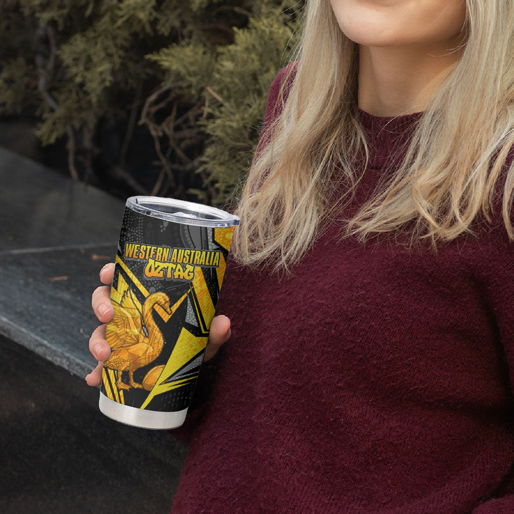 Personalised Western Australia Oztag Swan Tumbler Cup Black Gold Geometric Swan Aboriginal