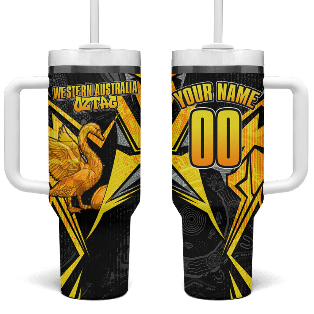 Personalised Western Australia Oztag Swan Tumbler With Handle Black Gold Geometric Swan Aboriginal