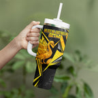 Personalised Western Australia Oztag Swan Tumbler With Handle Black Gold Geometric Swan Aboriginal
