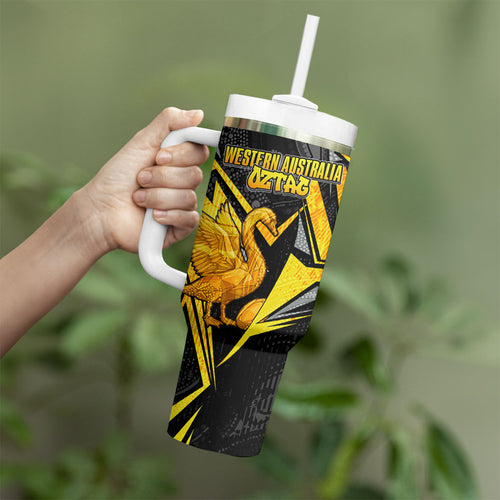 Personalised Western Australia Oztag Swan Tumbler With Handle Black Gold Geometric Swan Aboriginal
