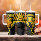 Personalised Western Australia Oztag Swan Tumbler With Handle Black Gold Geometric Swan Aboriginal