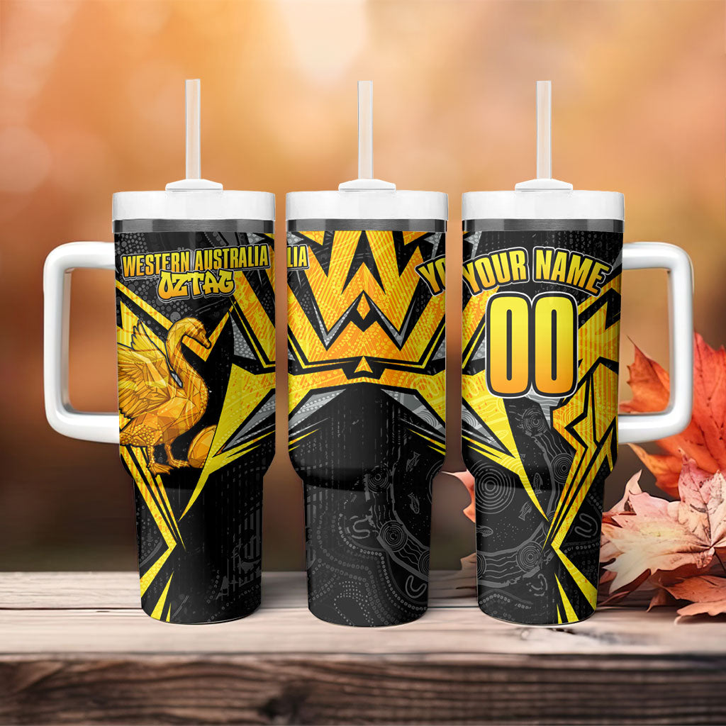 Personalised Western Australia Oztag Swan Tumbler With Handle Black Gold Geometric Swan Aboriginal