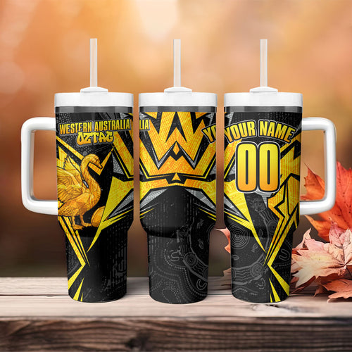 Personalised Western Australia Oztag Swan Tumbler With Handle Black Gold Geometric Swan Aboriginal