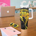 Personalised Western Australia Oztag Swan Tumbler With Handle Black Gold Geometric Swan Aboriginal