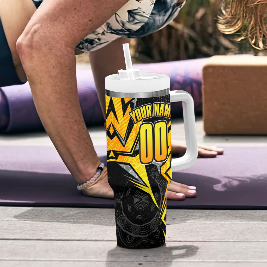 Personalised Western Australia Oztag Swan Tumbler With Handle Black Gold Geometric Swan Aboriginal