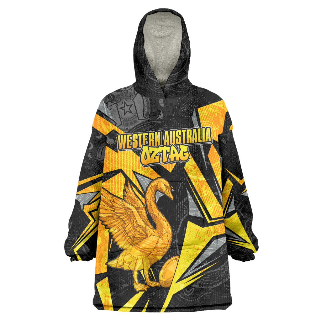 Personalised Western Australia Oztag Swan Wearable Blanket Hoodie Black Gold Geometric Swan Aboriginal