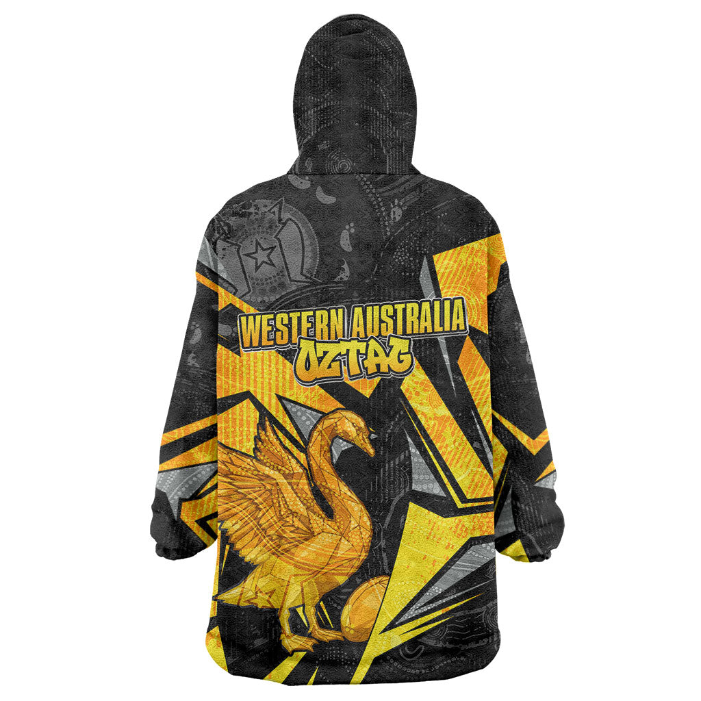 Personalised Western Australia Oztag Swan Wearable Blanket Hoodie Black Gold Geometric Swan Aboriginal