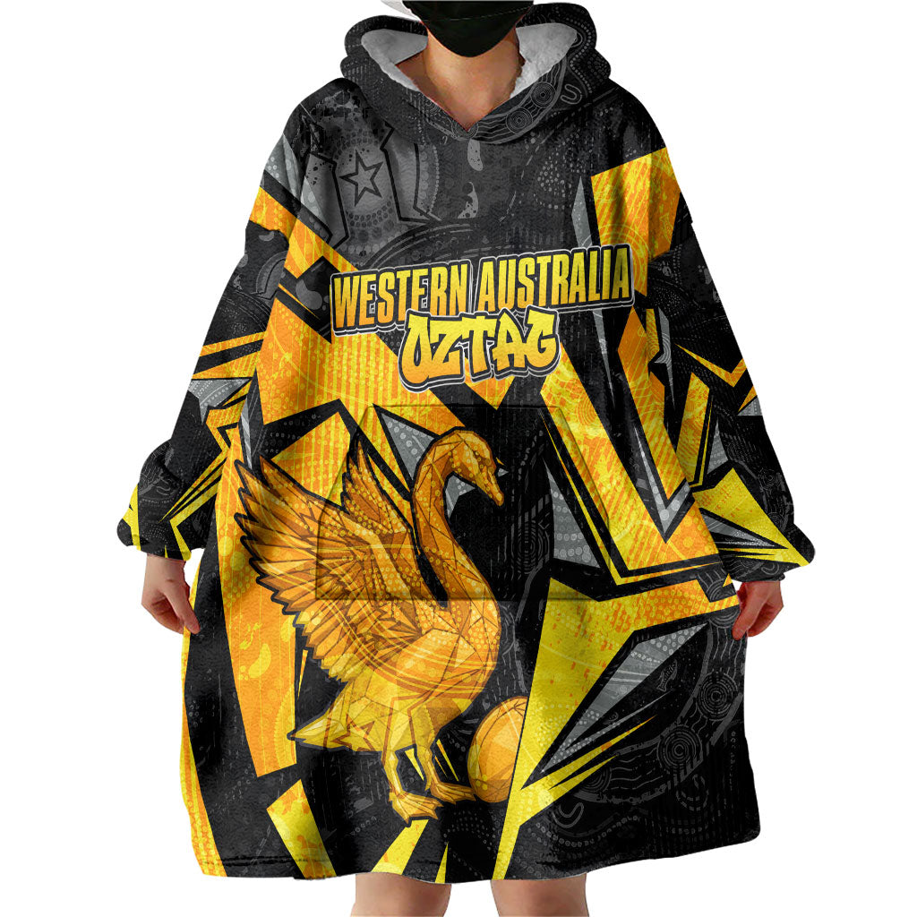 Personalised Western Australia Oztag Swan Wearable Blanket Hoodie Black Gold Geometric Swan Aboriginal