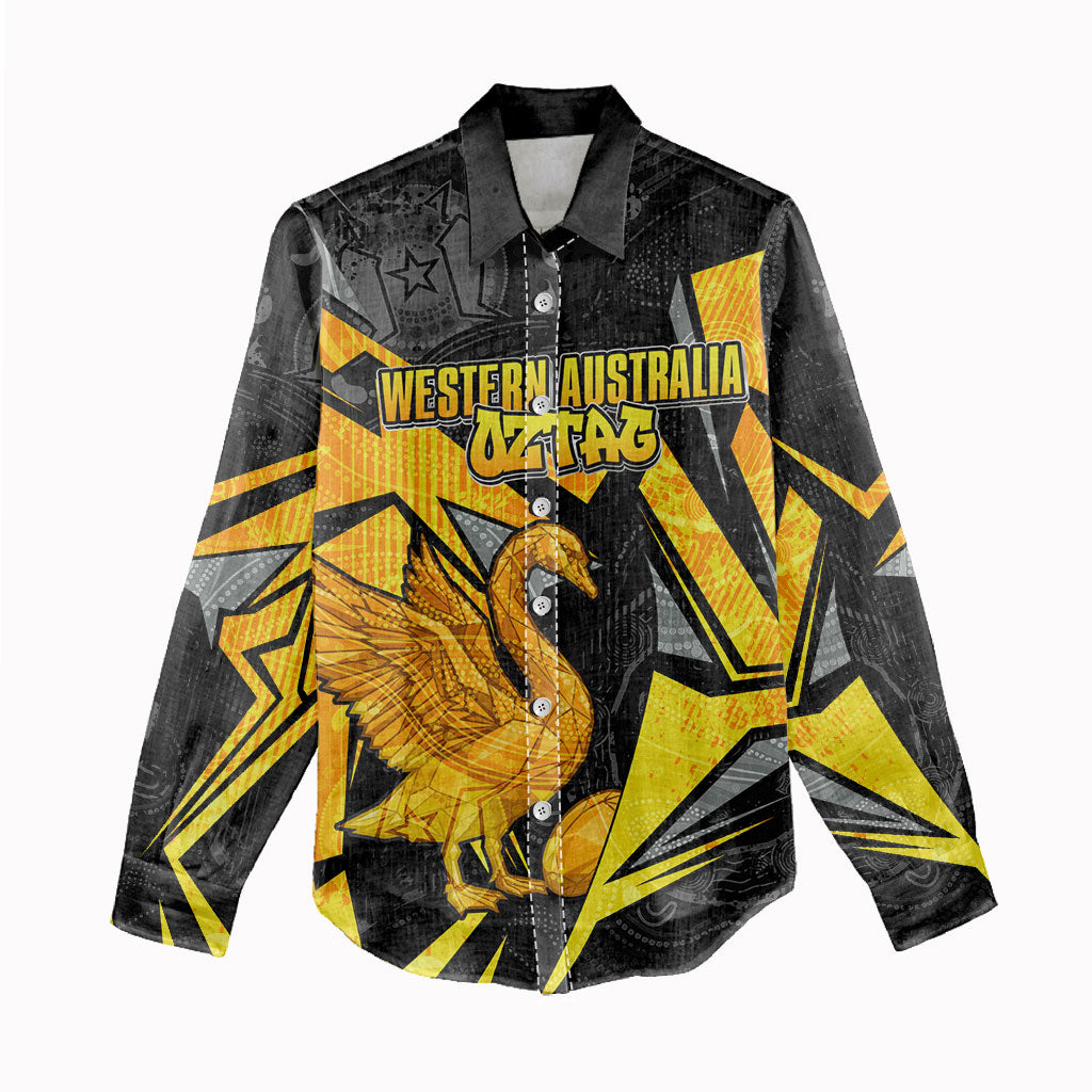 Personalised Western Australia Oztag Swan Women Casual Shirt Black Gold Geometric Swan Aboriginal