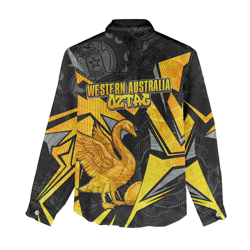 Personalised Western Australia Oztag Swan Women Casual Shirt Black Gold Geometric Swan Aboriginal