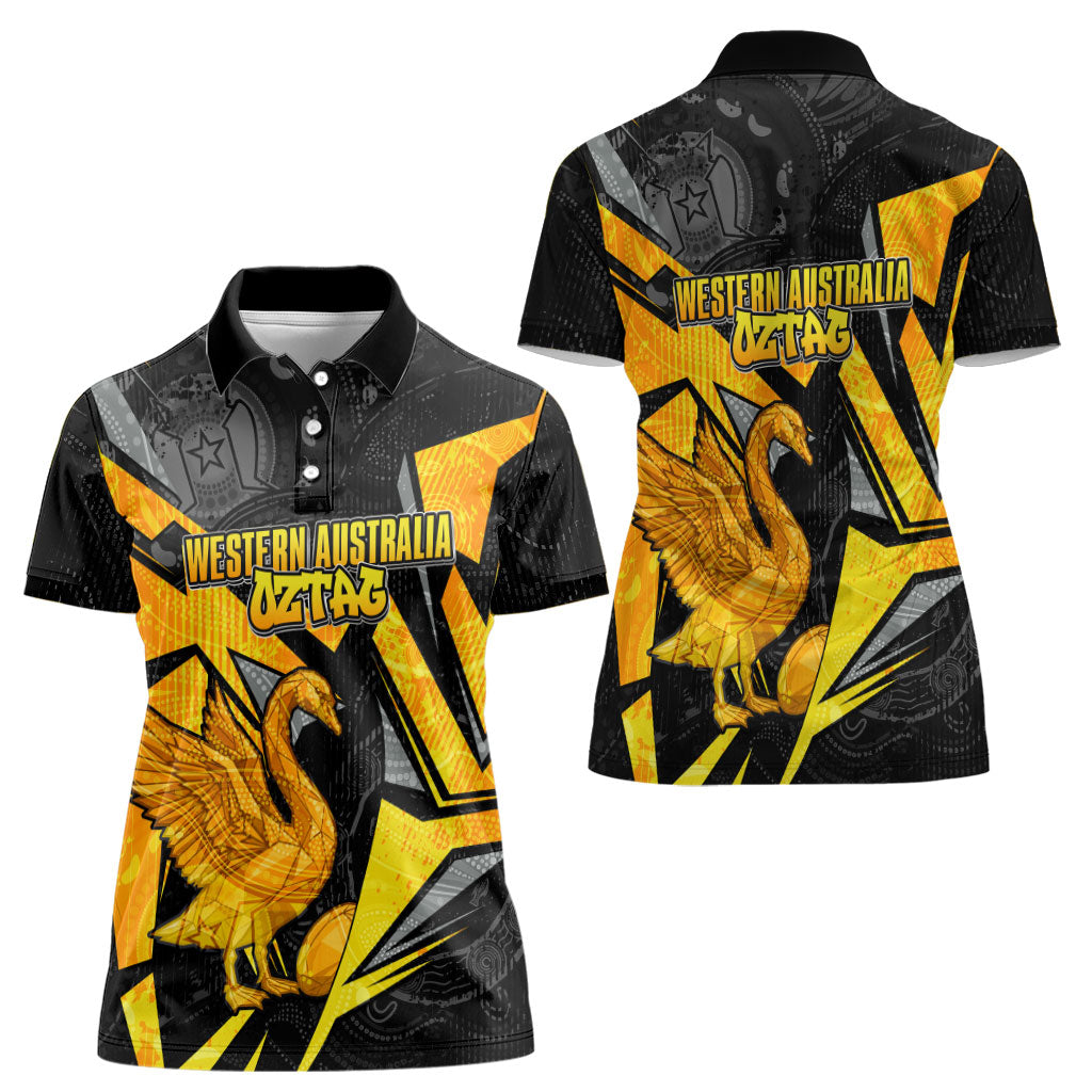 Personalised Western Australia Oztag Swan Women Polo Shirt Black Gold Geometric Swan Aboriginal