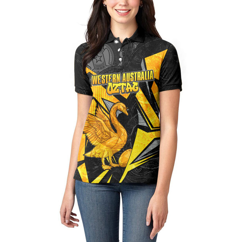 Personalised Western Australia Oztag Swan Women Polo Shirt Black Gold Geometric Swan Aboriginal