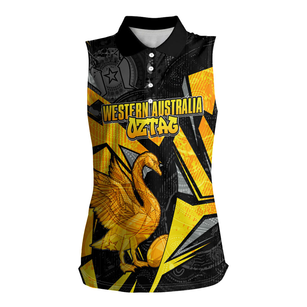 Personalised Western Australia Oztag Swan Women Sleeveless Polo Shirt Black Gold Geometric Swan Aboriginal