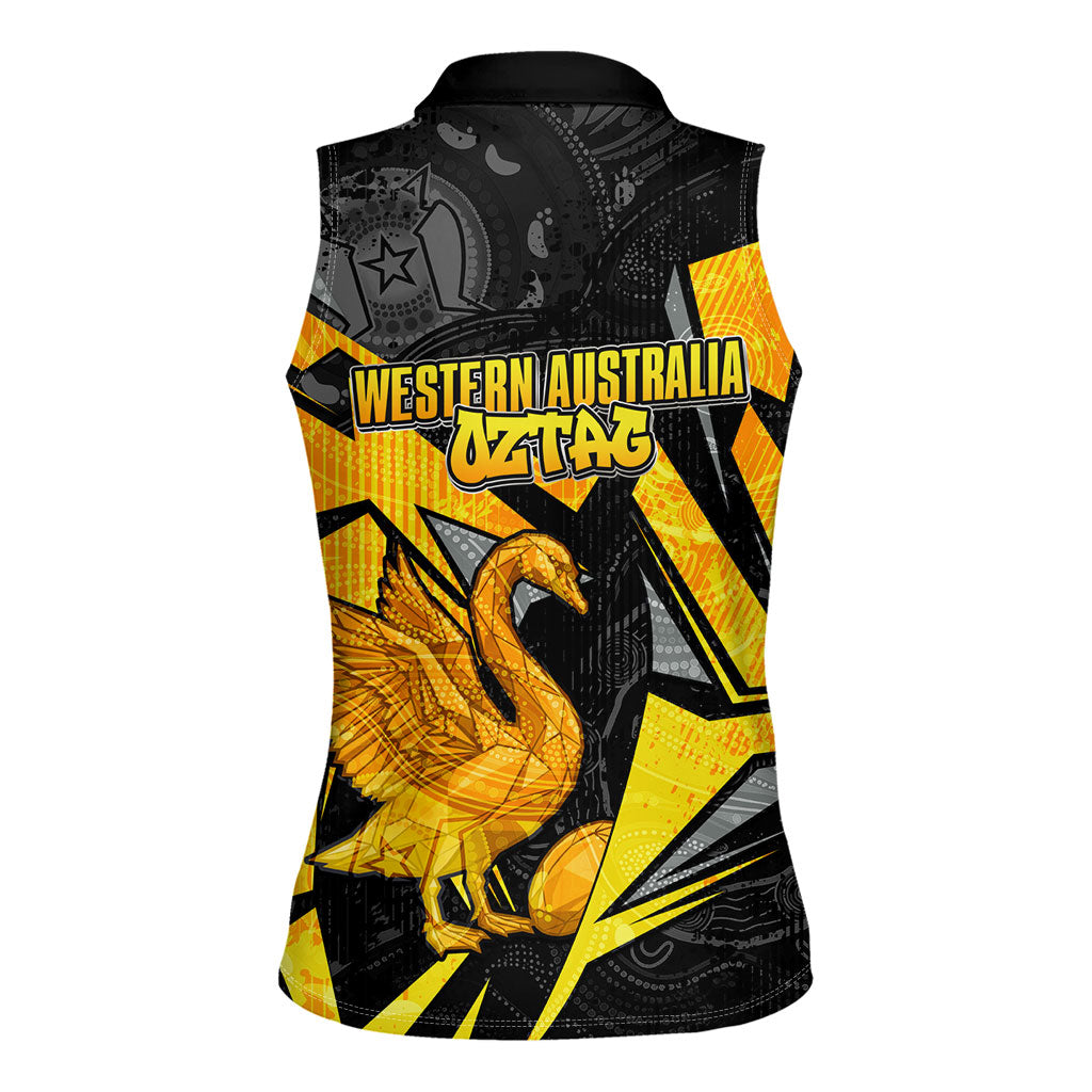 Personalised Western Australia Oztag Swan Women Sleeveless Polo Shirt Black Gold Geometric Swan Aboriginal