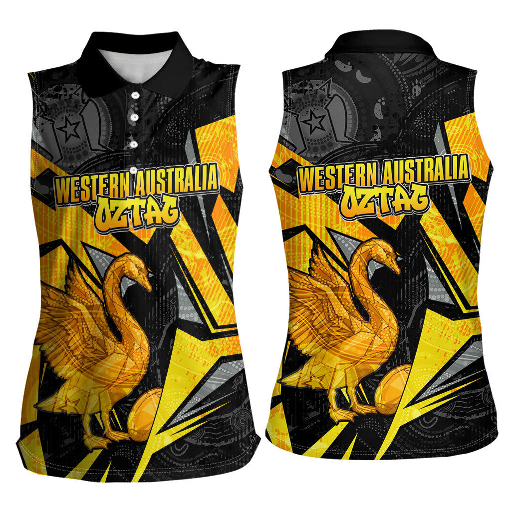 Personalised Western Australia Oztag Swan Women Sleeveless Polo Shirt Black Gold Geometric Swan Aboriginal