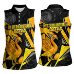 Personalised Western Australia Oztag Swan Women Sleeveless Polo Shirt Black Gold Geometric Swan Aboriginal