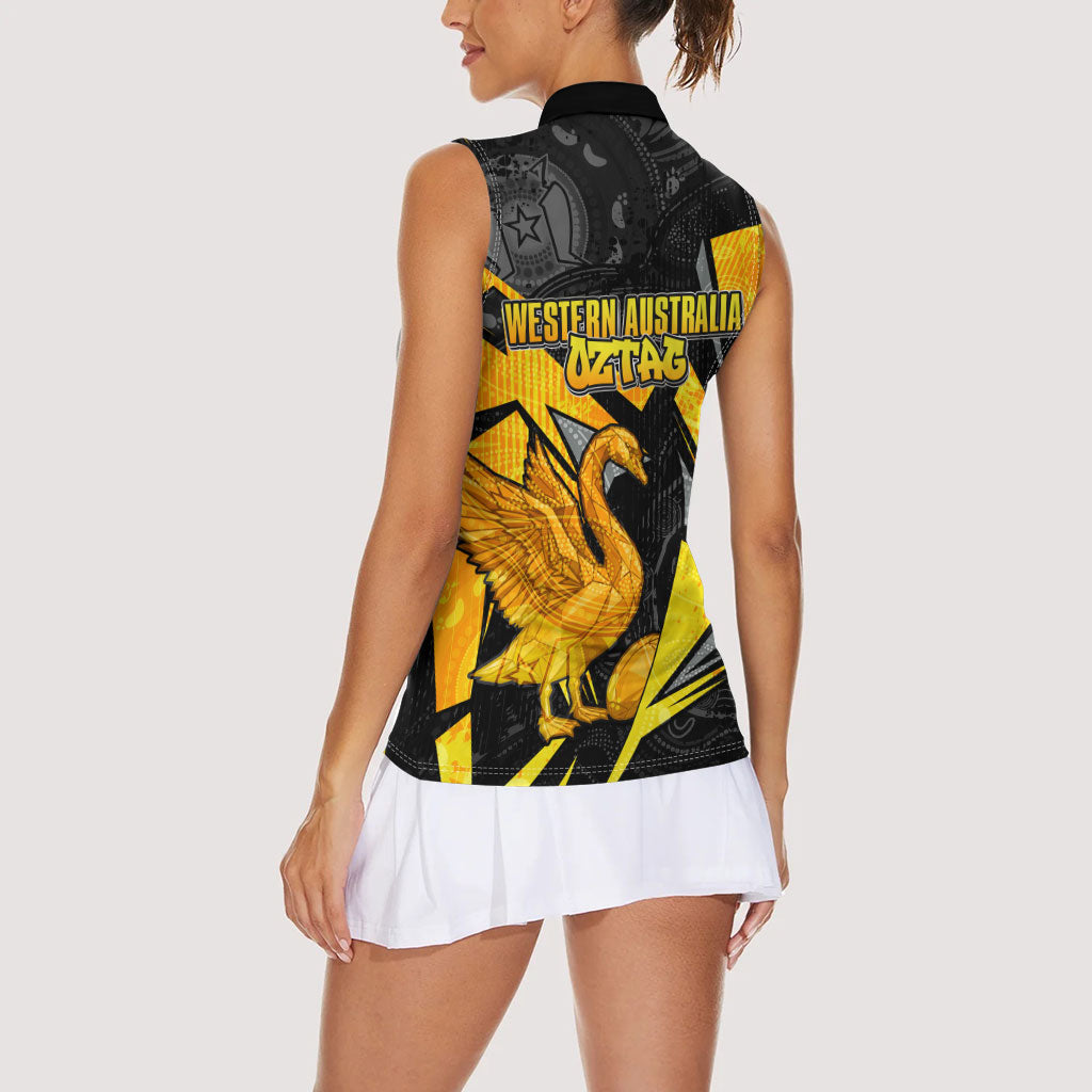 Personalised Western Australia Oztag Swan Women Sleeveless Polo Shirt Black Gold Geometric Swan Aboriginal