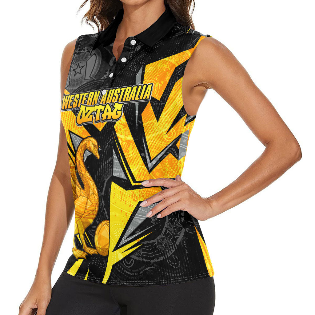 Personalised Western Australia Oztag Swan Women Sleeveless Polo Shirt Black Gold Geometric Swan Aboriginal