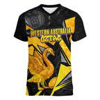 Personalised Western Australia Oztag Swan Women V-Neck T-Shirt Black Gold Geometric Swan Aboriginal